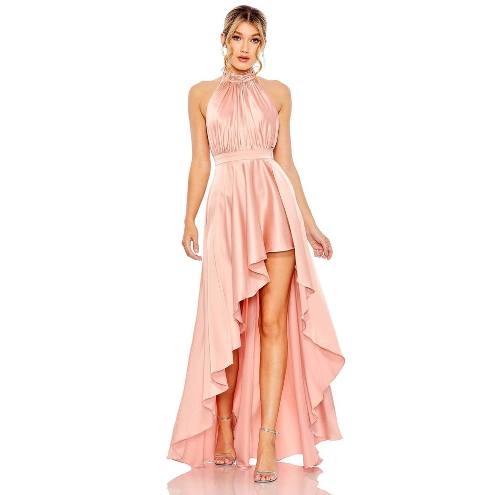 IEENA Mac Duggal Rose Pink Satin High-Low Halter Gown Bow Back Dress 49664 Sz 10